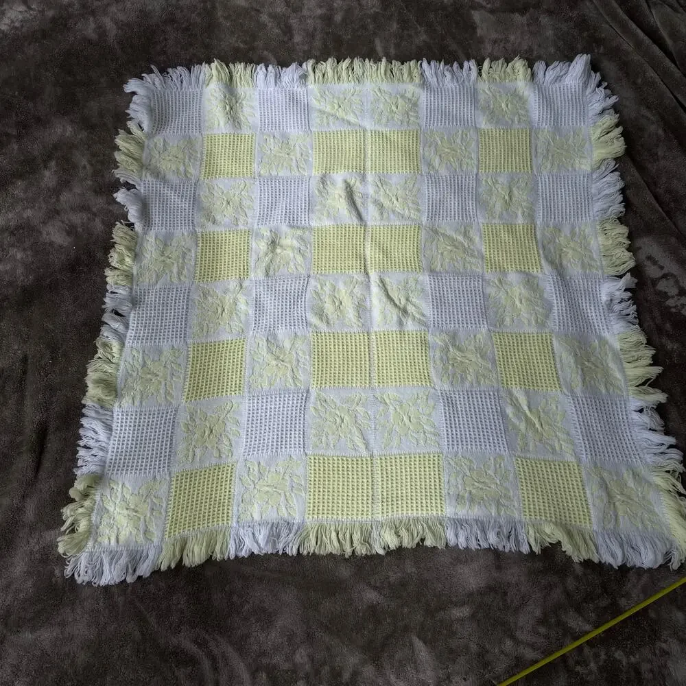 Vintage Waffle Baby Blanket with Fringe Floral Yellow White Square Spain 1980s